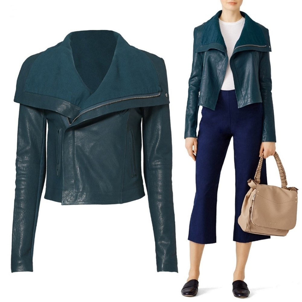 VEDA Teal Max Classic Bubble Leather Lambskin Jacket Moto Biker size P